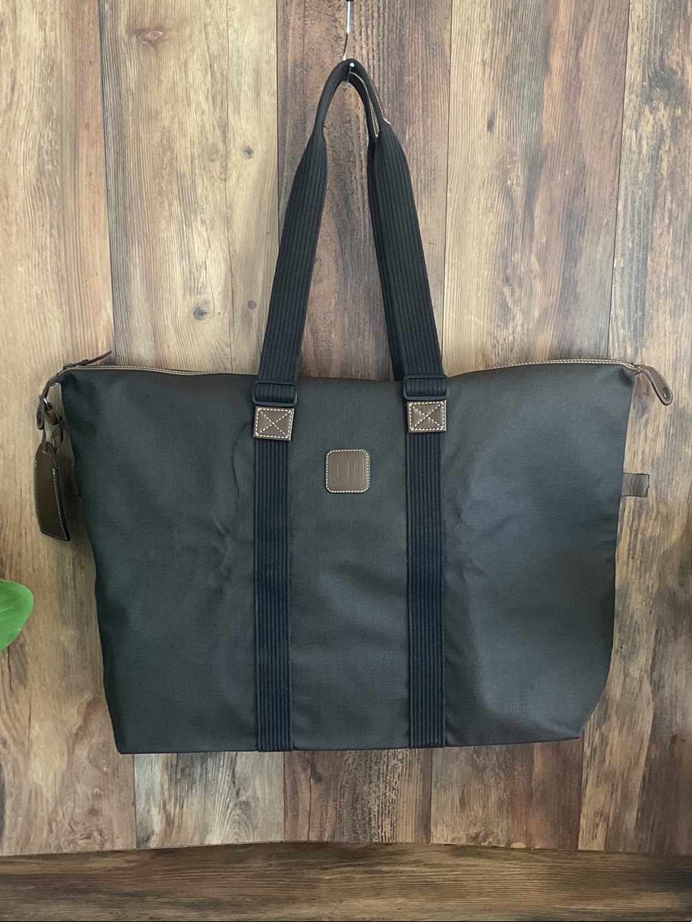 Dunhill Vintage Herringbone Canvas/Leather Travel Tote, Luggage Tag & Gold Lock